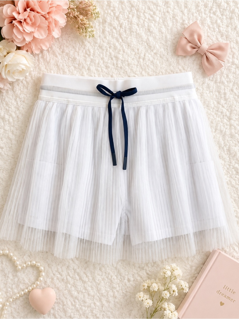 Courtside Girls Size 9/10 White Pleated Mesh Skort Navy Bow Built-In Shorts NWT